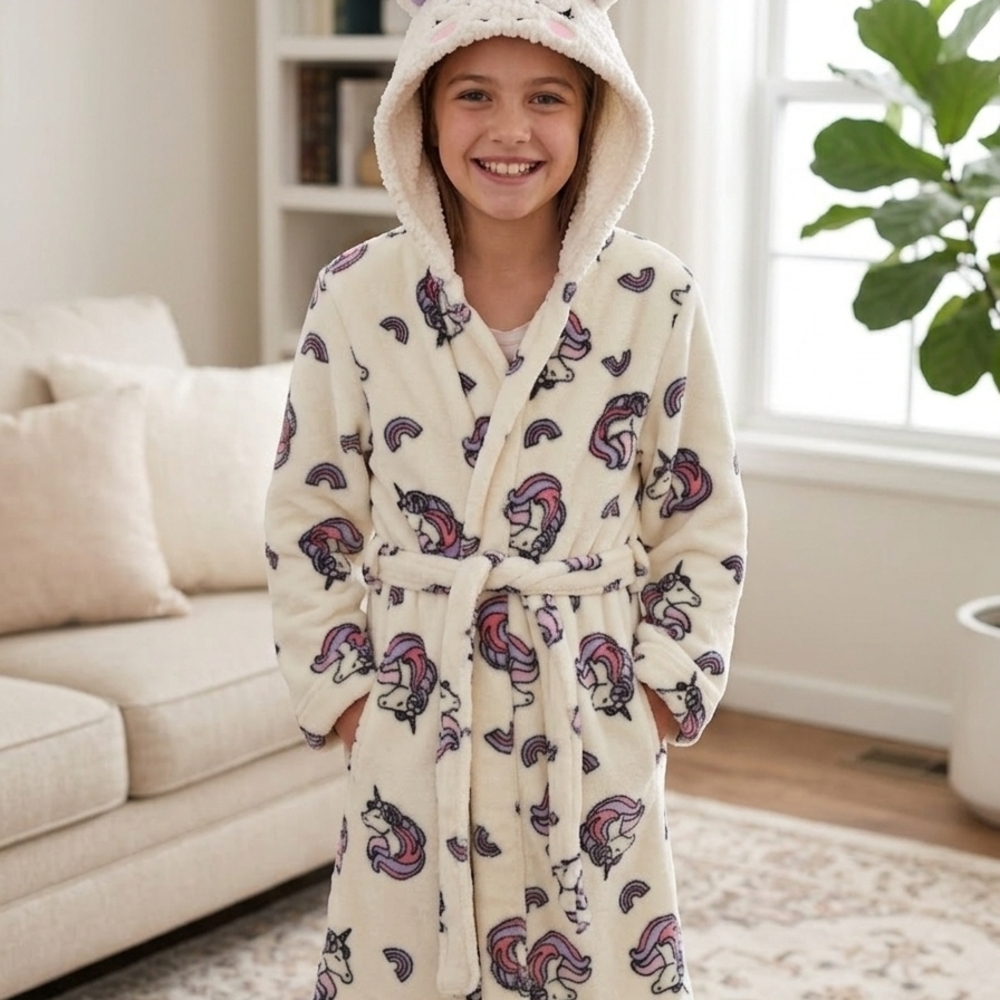 Cream Unicorn Hooded Kids Robe with Pink & Purple Accents